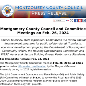 Montgomery County Council and Committee Meetings on Feb. 26, 2024