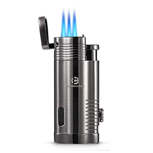 HANNICOOK Cigar Lighter Triple Torch Jet Flame, Butane Gas Windproof Metal Lighter with Cigar Punch，Refillable Torch Lighter with Sharp Cutter Tool and Butane Window Gfit for Men