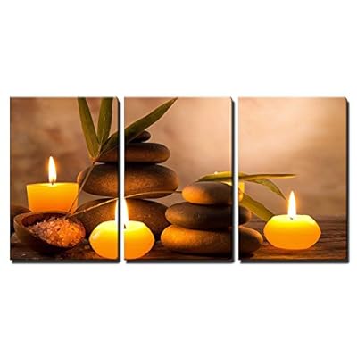 3 Piece Canvas Wall Art - Spa Still Life with Aromatic Candles and Zen Stones - Modern Home Art Stretched and Framed Ready to Hang - 16