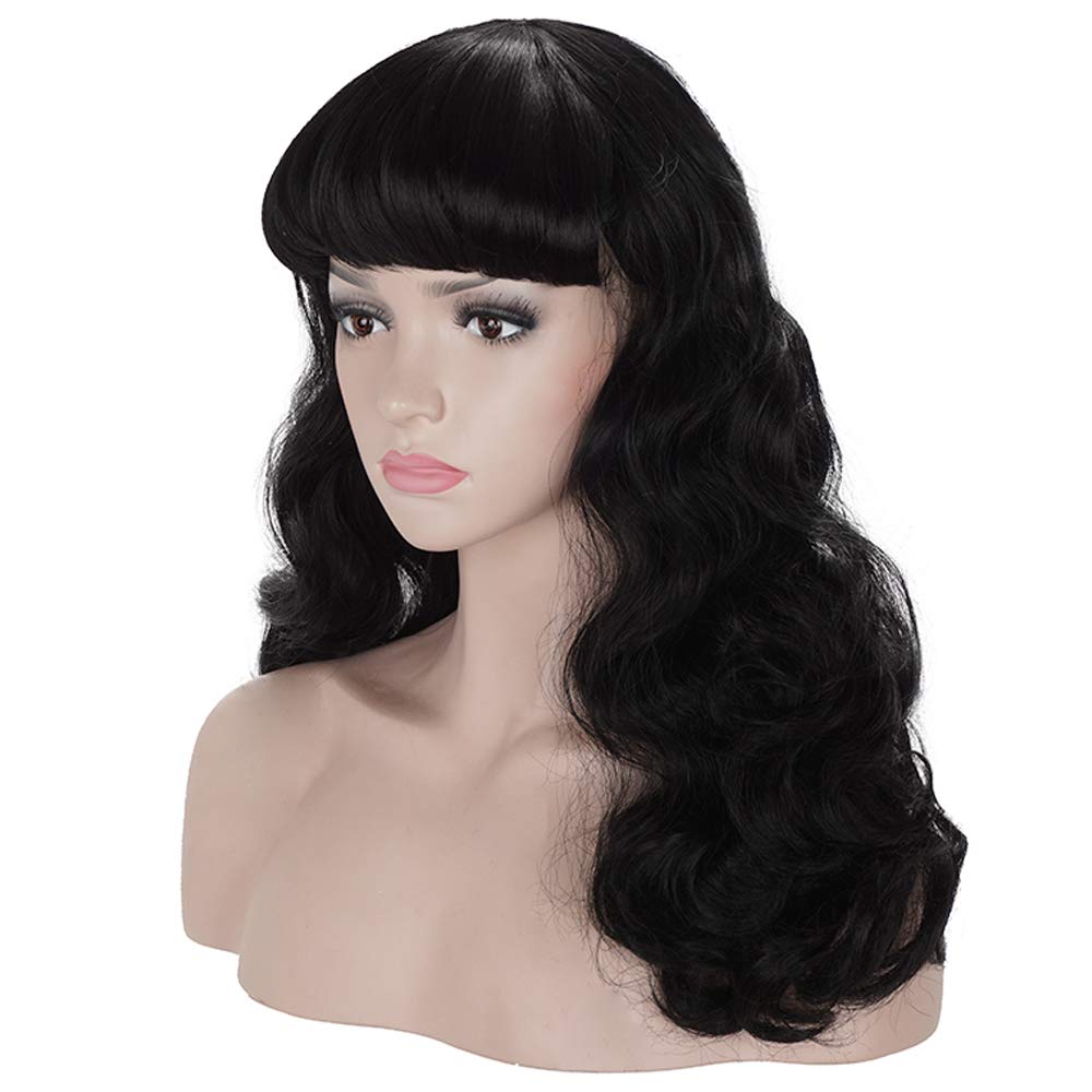 Rockabilly Dresses | Rockabilly Clothing | Viva Las Vegas Morvally 50s Vintage Medium Length Black Wigs with Bangs | Natural Wavy Synthetic Hair Wig for Women Cosplay Halloween  AT vintagedancer.com