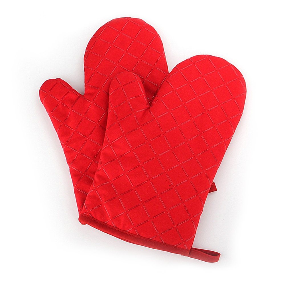 B.LeekS Cotton, Flame Retardant Quilted Silicone Coating Mitts Heat Resistant Potholder Microwave Oven Glove for Kitchen BBQ One Pair (Red)