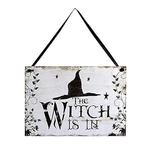 LUOEM Halloween Hanging Welcome Sign Trick or Treat Wooden Plaque Board for Haunted House - Witch is in