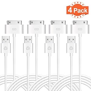 Evol (TM) Certified 6 Feet / 2 Meters 30 Pin to USB Sync and Charging Data Cable for iPhone 4/4S, iPhone 3G/3GS, iPad 1/2/3, iPod (4 Pack)