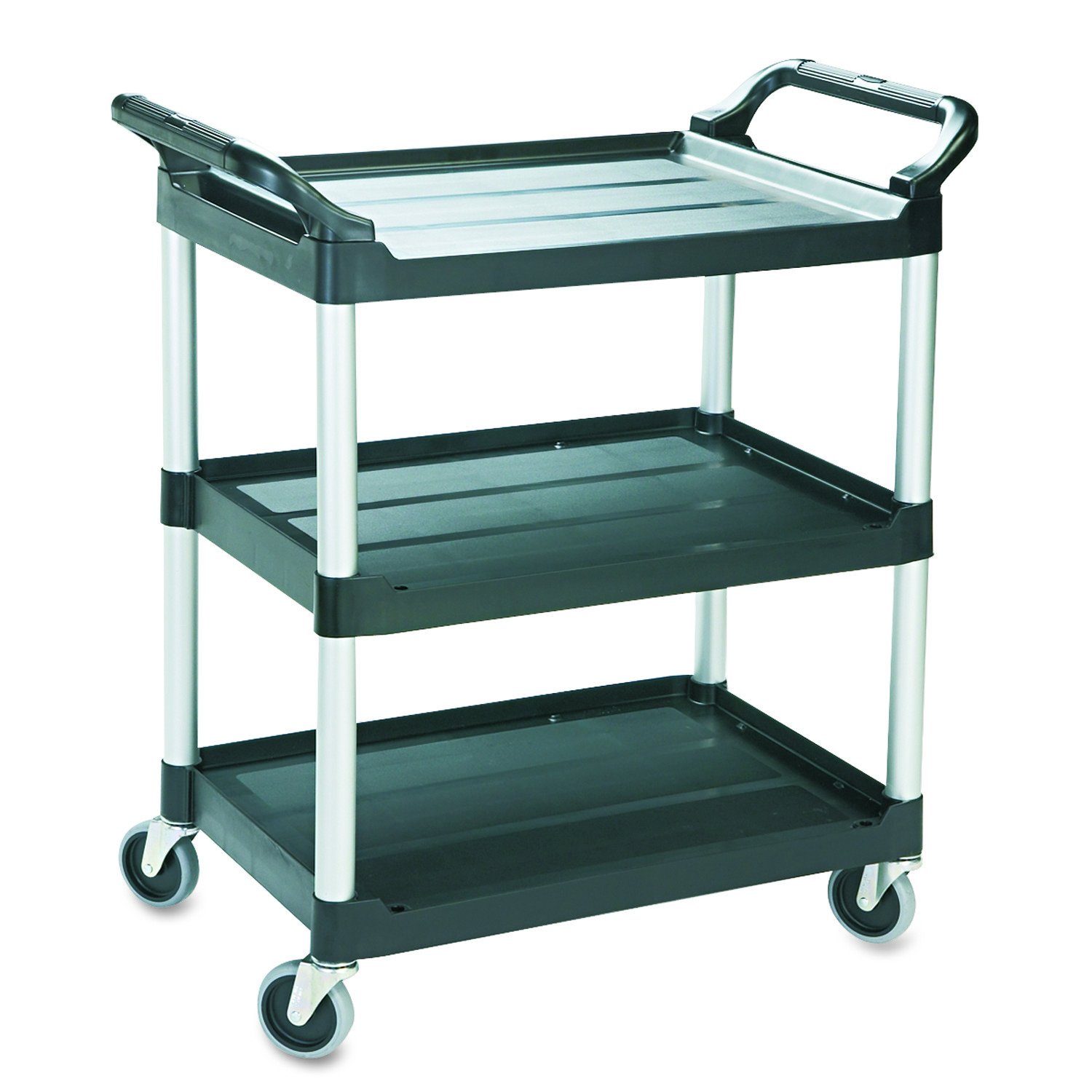 Rubbermaid Commercial Products Heavy Duty 3-Shelf Rolling Service/Utility/Push Cart, 200 lbs. Capacity, Black, for Foodservice/Restaurant/Cleaning (FG342488BLA)