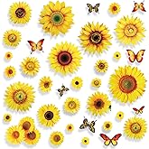 100 Pcs Sunflower Window Wall Stickers with 3D Butterfly, 1-4 Inch Vinyl Sunflower Window Clings Decor, Self-Adhesive Peel an