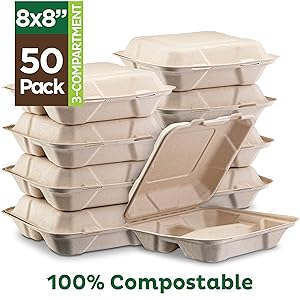 100% Compostable Clamshell Take Out Food Containers [8X8" 3-Compartment 50-Pack] Heavy-Duty Quality to go Containers, Natural Disposable Bagasse, Eco-Friendly Biodegradable Made of Sugar Cane Fibers