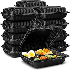 Eco-Friendly Meal Prep Containers 3 Compartment [50-Pack 8x8x3"] Disposable to go Clamshell Food Containers Secure Snap Hinged Lid, Microwave Safe Take Out Lunch Boxes, Made from Renewable Materials