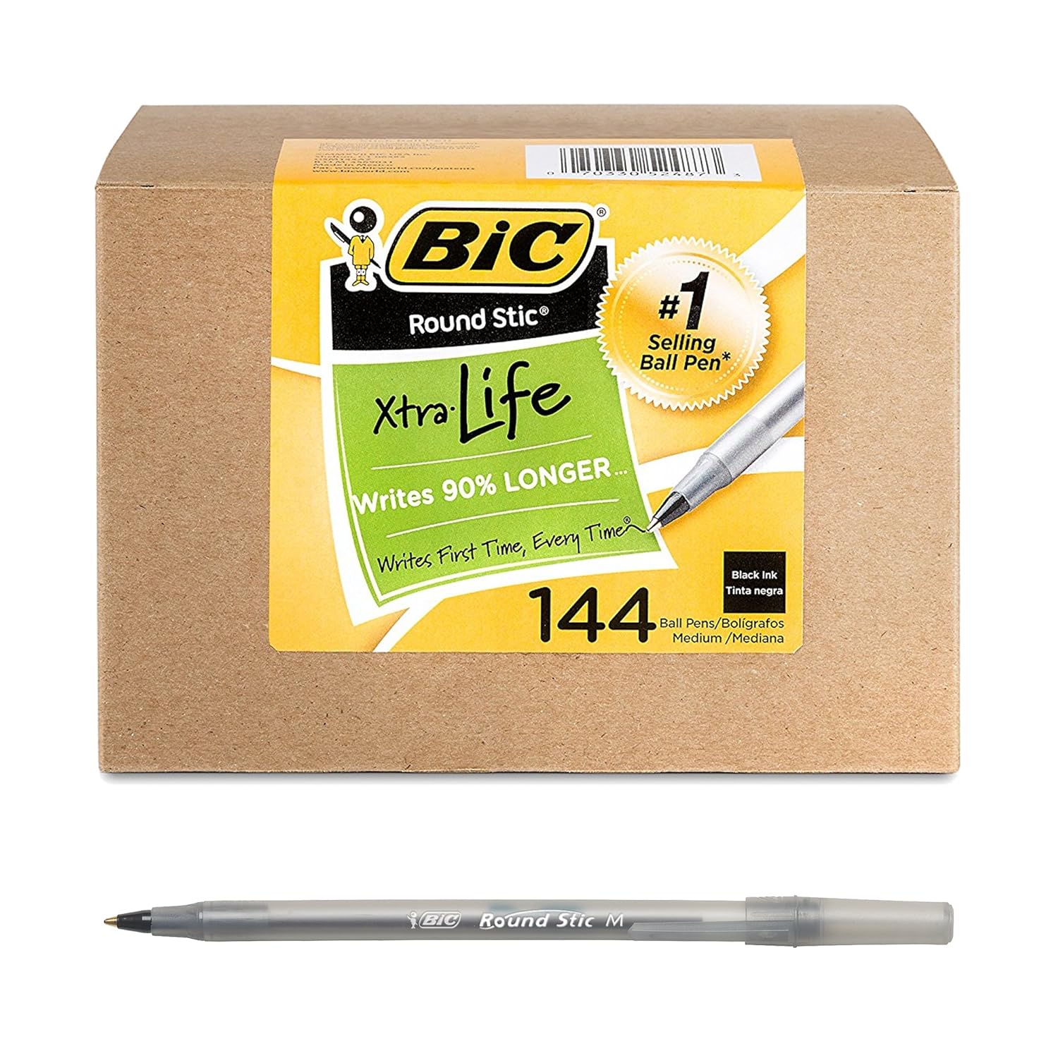 BIC Round Stic Xtra Life Ballpoint Pen, Medium Point (1.0mm), Black, 144-Count