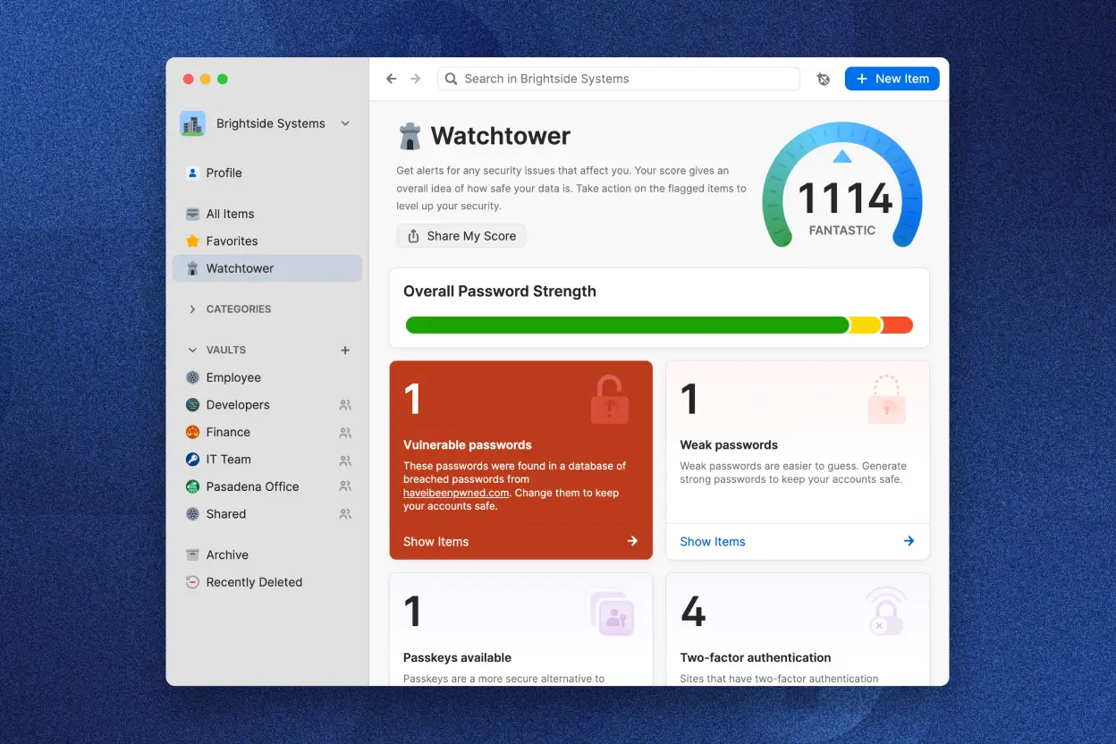 The 1Password app displaying the Watchtower feature for security alerts. The security score is 1114 marked 'Fantastic.' It shows overall password strength, 1 available Passkeys, 1 weak password, 1 vulnerable password, and 4 sites available with two-factor authentication.