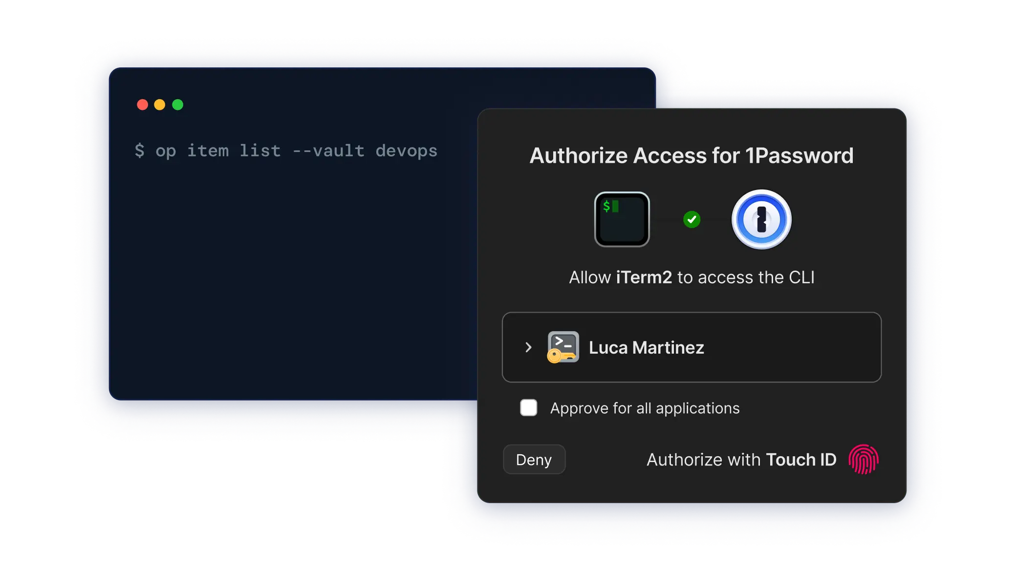 Interface de linha de comando mostrando um comando para listar itens no cofre "Devops", junto com uma solicitação de autorização do 1Password para acesso à CLI. O prompt exibe Luca Martinez solicitando acesso, com opções para aprovar todos os aplicativos ou autorizar com o Touch ID.