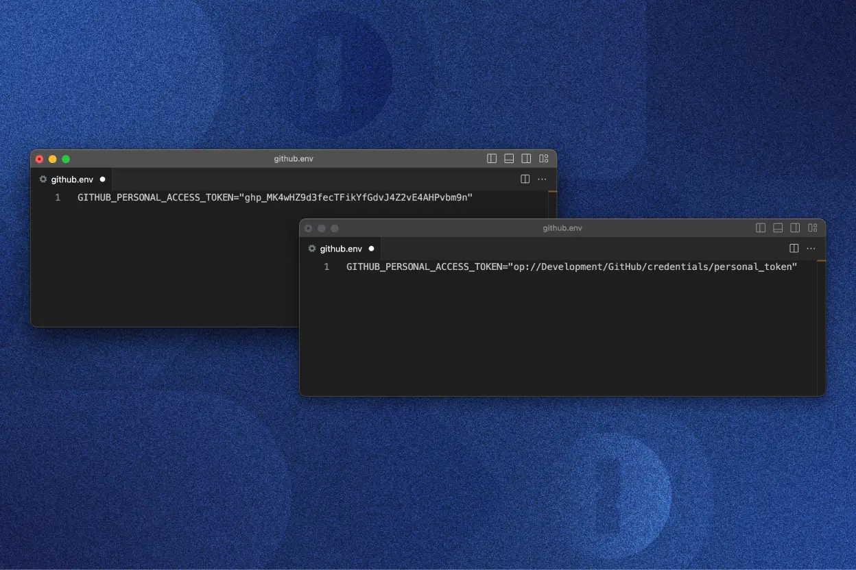 1Password sendo usado para substituir informações confidenciais em código com duas janelas de Terminal. A primeira janela mostra um token de acesso pessoal do GitHub exibido em texto simples, enquanto a segunda mostra o token confidencial substituído por uma referência do 1Password que mantém o token privado.