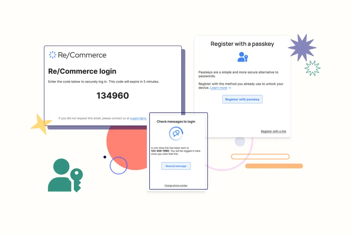 Re/Commerce login screen with a code entry field displaying code 134960. Message below states the code will expire in 5 minutes. On the right, an option to 'Register with a passkey' for a more secure alternative to passwords. Below, a prompt to check messages for a one-time link sent to a phone number, with options to resend the message or change the phone number.