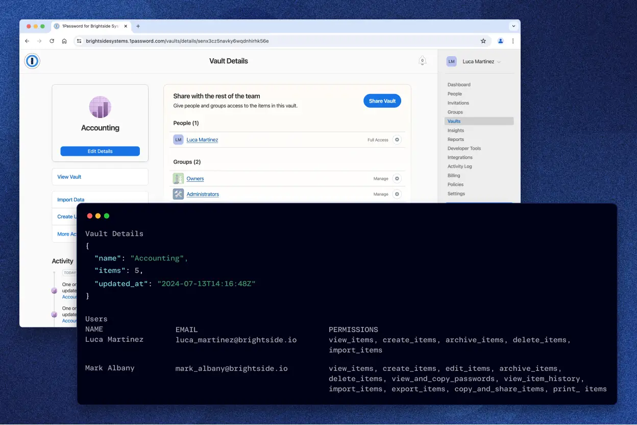 Interface do 1Password mostrando os "Detalhes do cofre" do cofre "Contabilidade", incluindo os usuários Luca Martinez e Mark Albany com as respectivas permissões. A tela apresenta uma interface gráfica do usuário e uma representação da interface de linha de comando dos detalhes do cofre.
