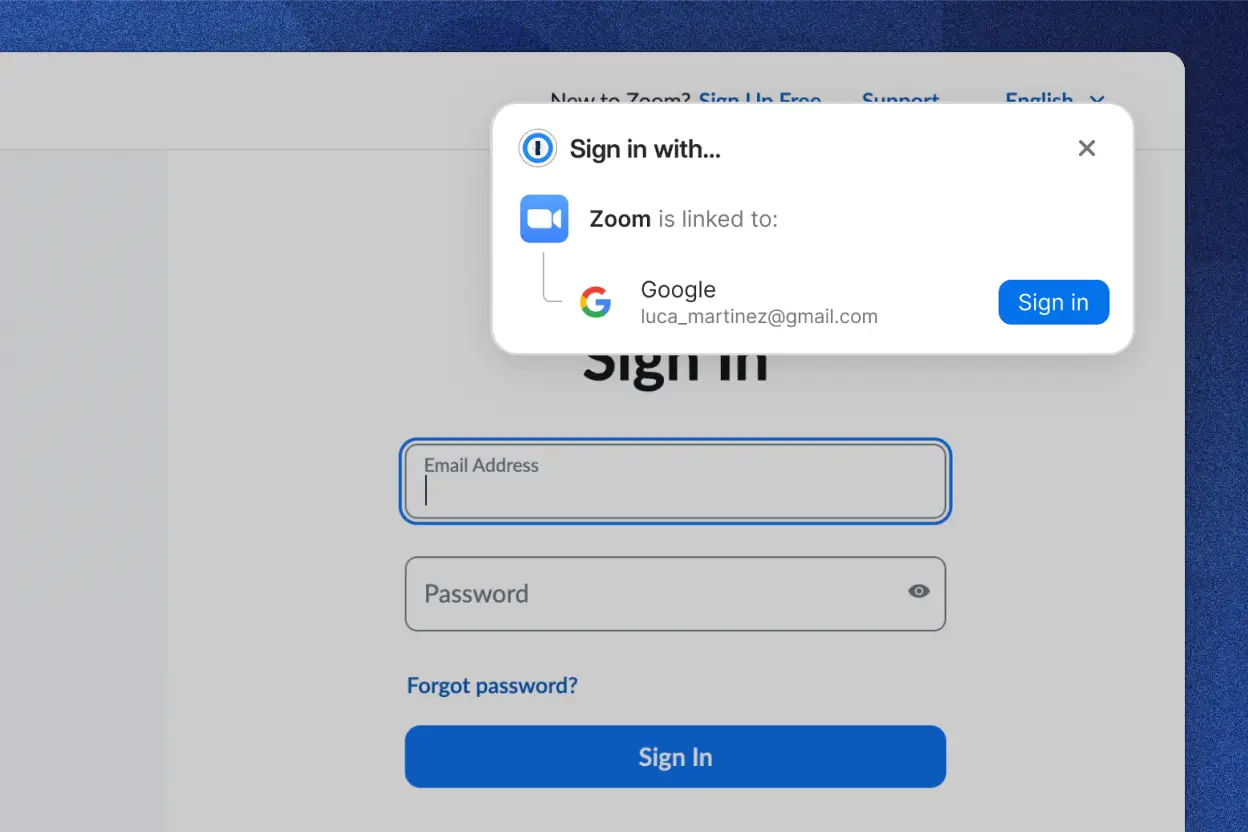 The Zoom sign-in page with a 1Password pop-up window titled 'Sign in with...' showing that Zoom is linked to a Google account. The pop-up includes a 'Sign in' button to proceed with the Google account.