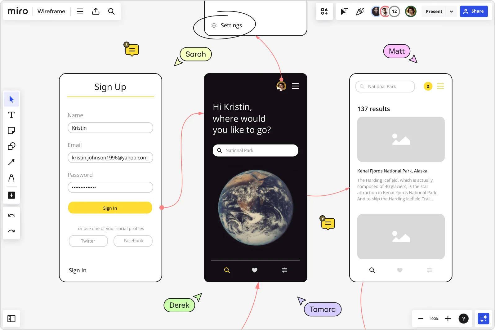 Image of Miro's wireframe tool used in team collaboration