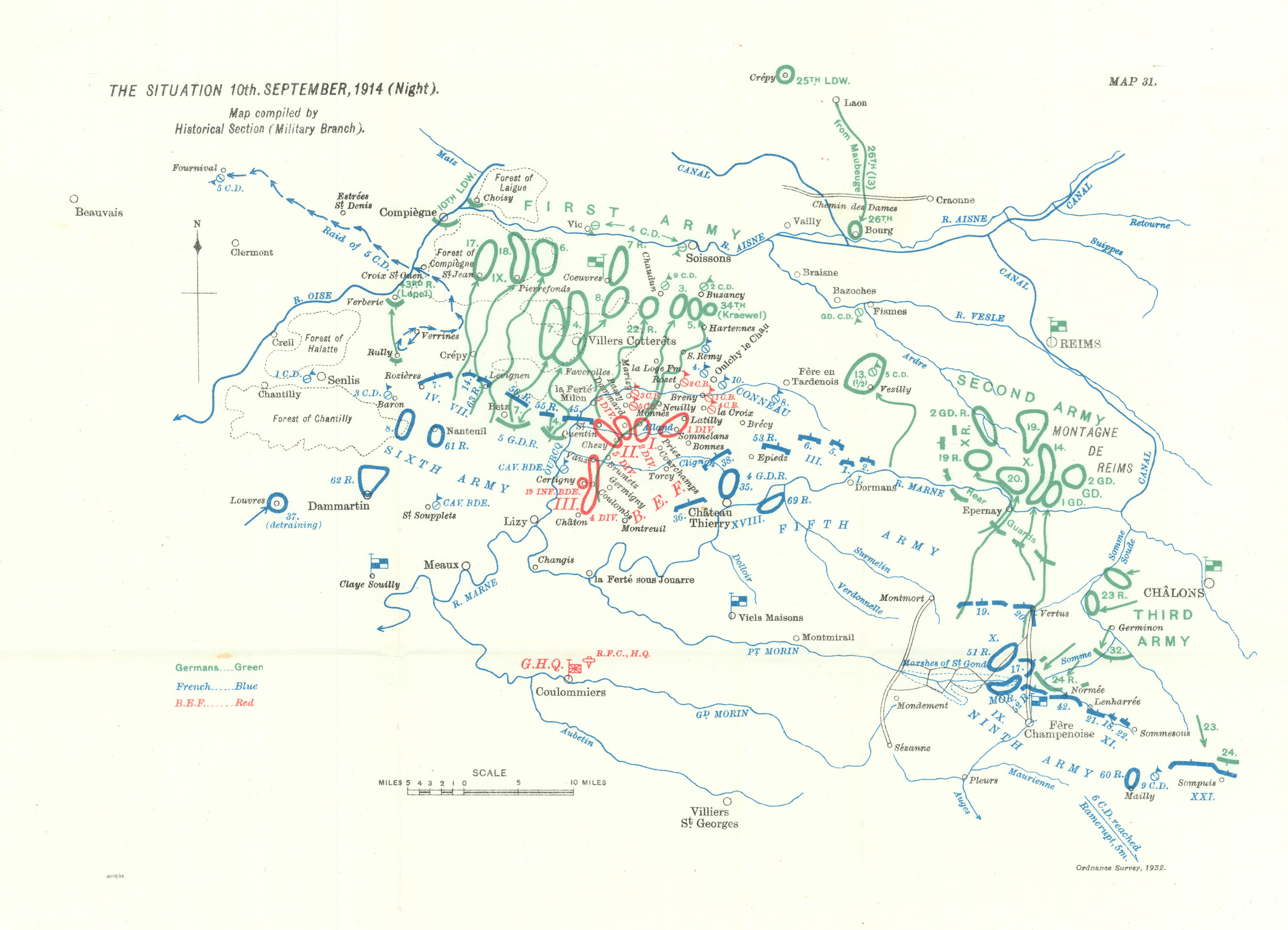 Battle of the Marne. Situation 10th September, 1914 night. WW1. 1933 ...