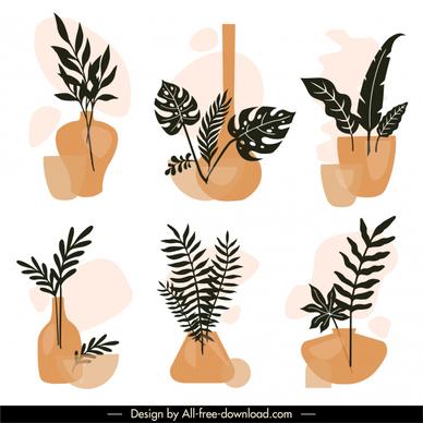 decorative houseplants icons elegant vintage flat sketch