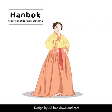 korean female hanbok traditional clothing icon cute cartoon character outline 