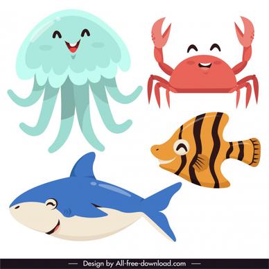 marine animals icons funny cartoon character sketch