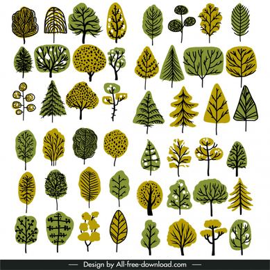 natural tree icons collection classical flat handdrawn sketch