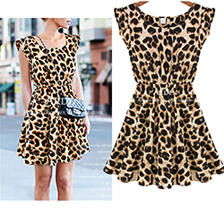 Womens Skater Dress - Leopard Print / Rounded Neck / Elastic Waist