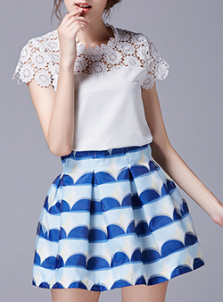 Women's Skater Dress - White Lace Trimmed Bodice / Skirt in Two Shades of Blue