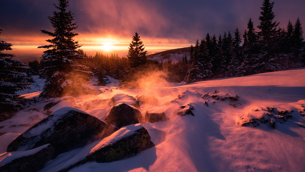 Winter Snow Sunset Wallpaper