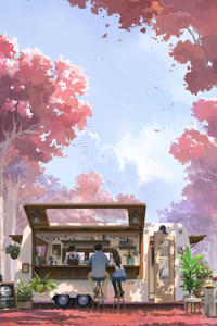 Cherry Blossom Cafe (1125x2436) Resolution Wallpaper