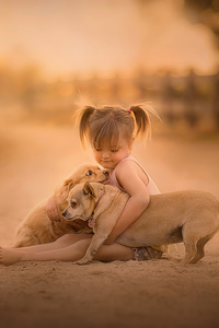 Little Girl With Cute Pups (720x1280) Resolution Wallpaper