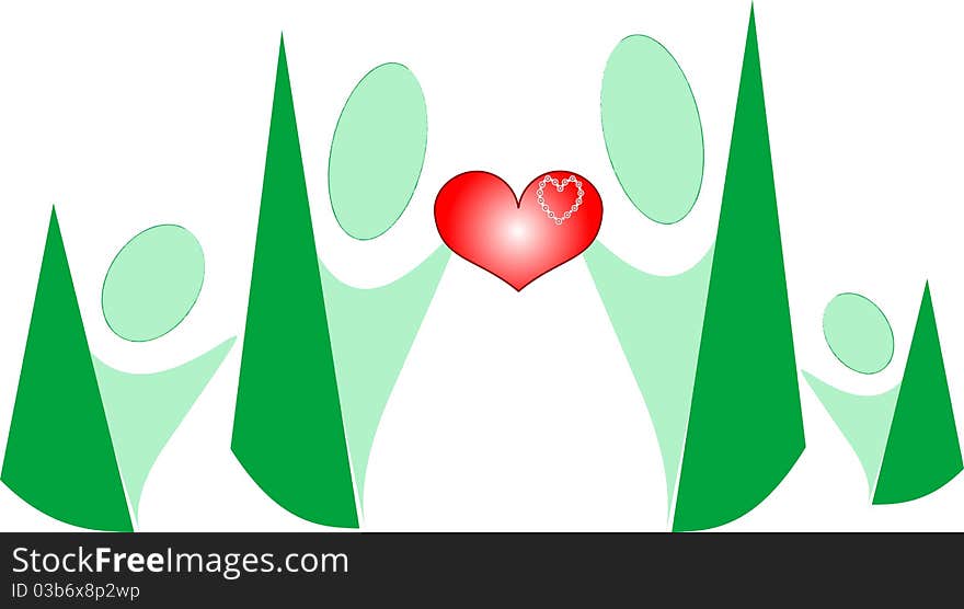 Cartoon people happy family hold love heart in hands