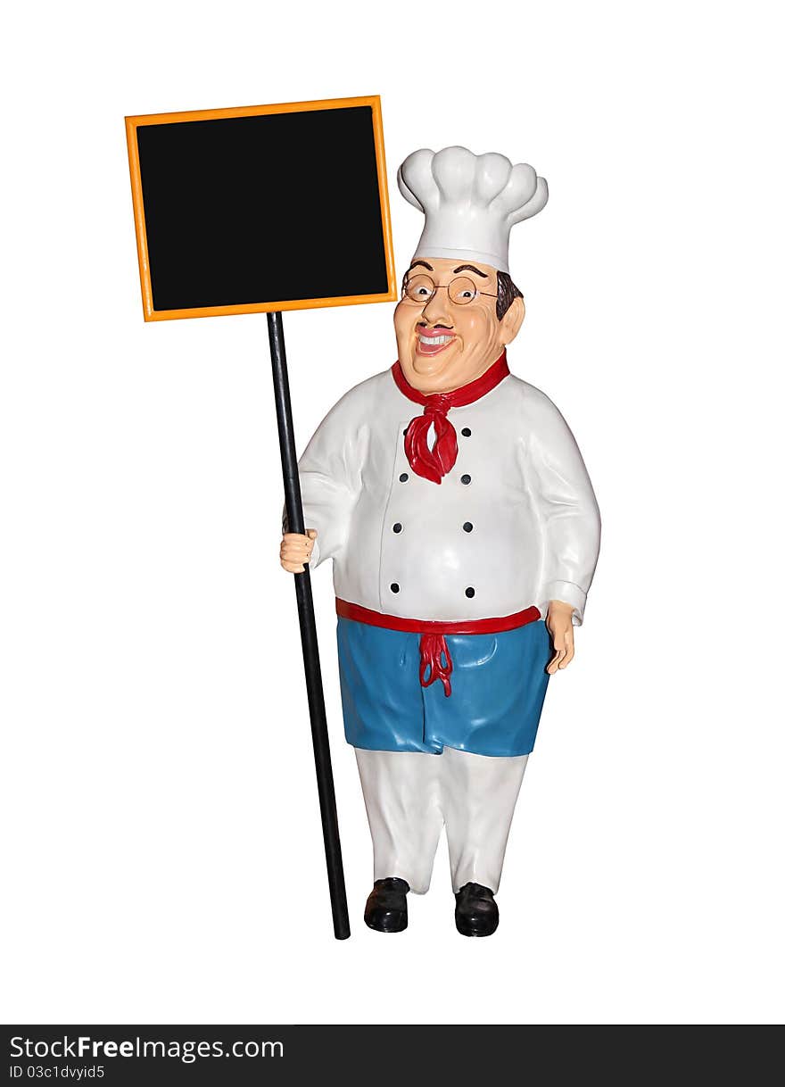 Chef Figurine with black blackboard isolated on white background