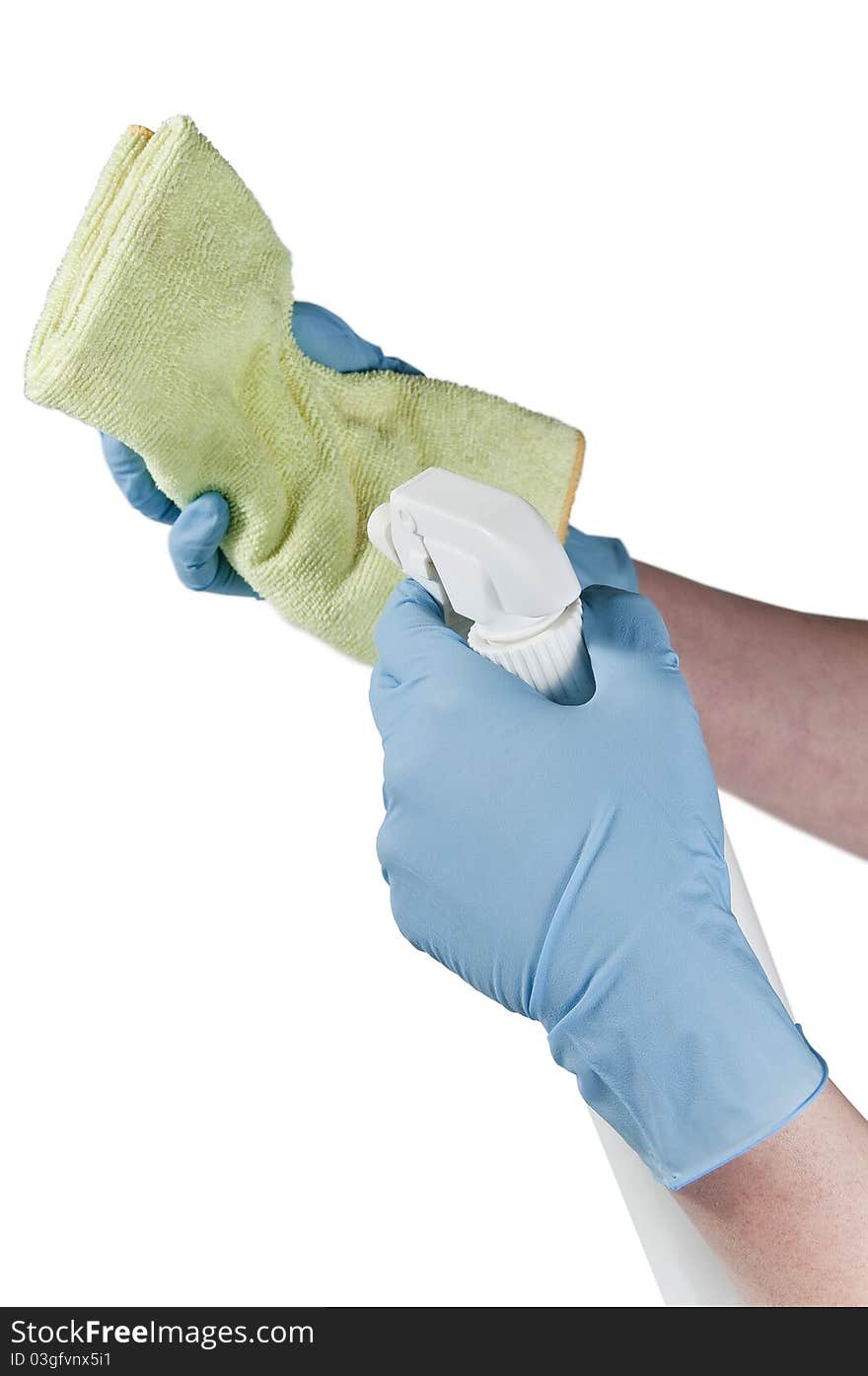 Hands with gloves holding cloth and crusher. Hands with gloves holding cloth and crusher