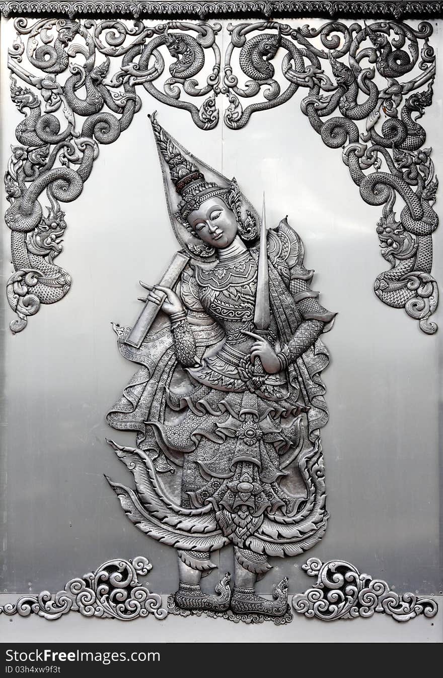 Deva aluminum is a fine craft on temple wall. Deva aluminum is a fine craft on temple wall