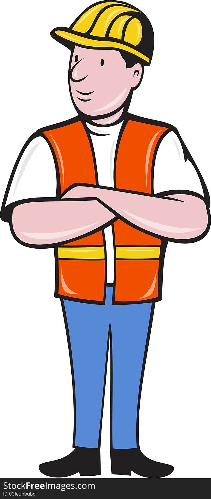 Illustration of a construction worker wearing hard hat and safety vest with arms folded standing front on isolated background done in cartoon style. Illustration of a construction worker wearing hard hat and safety vest with arms folded standing front on isolated background done in cartoon style