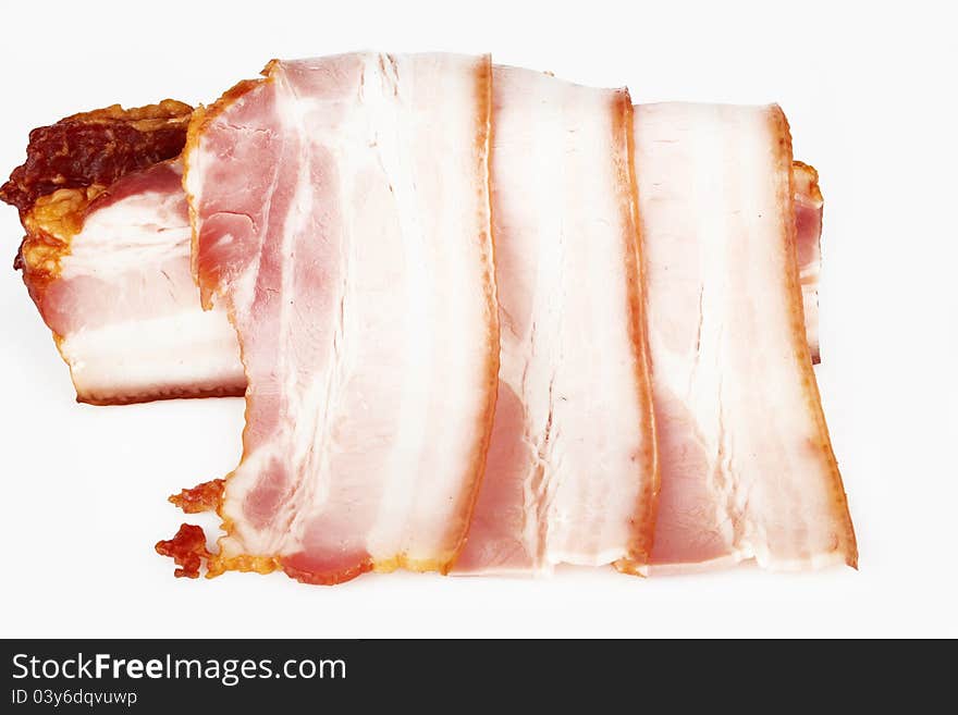 Smoked bacon with tasty sliced pork bacon on white background