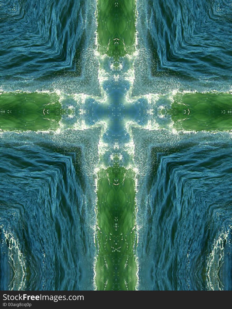 Kaleidoscope cross from photo of green wave breaking on Oregon beach. Kaleidoscope cross from photo of green wave breaking on Oregon beach