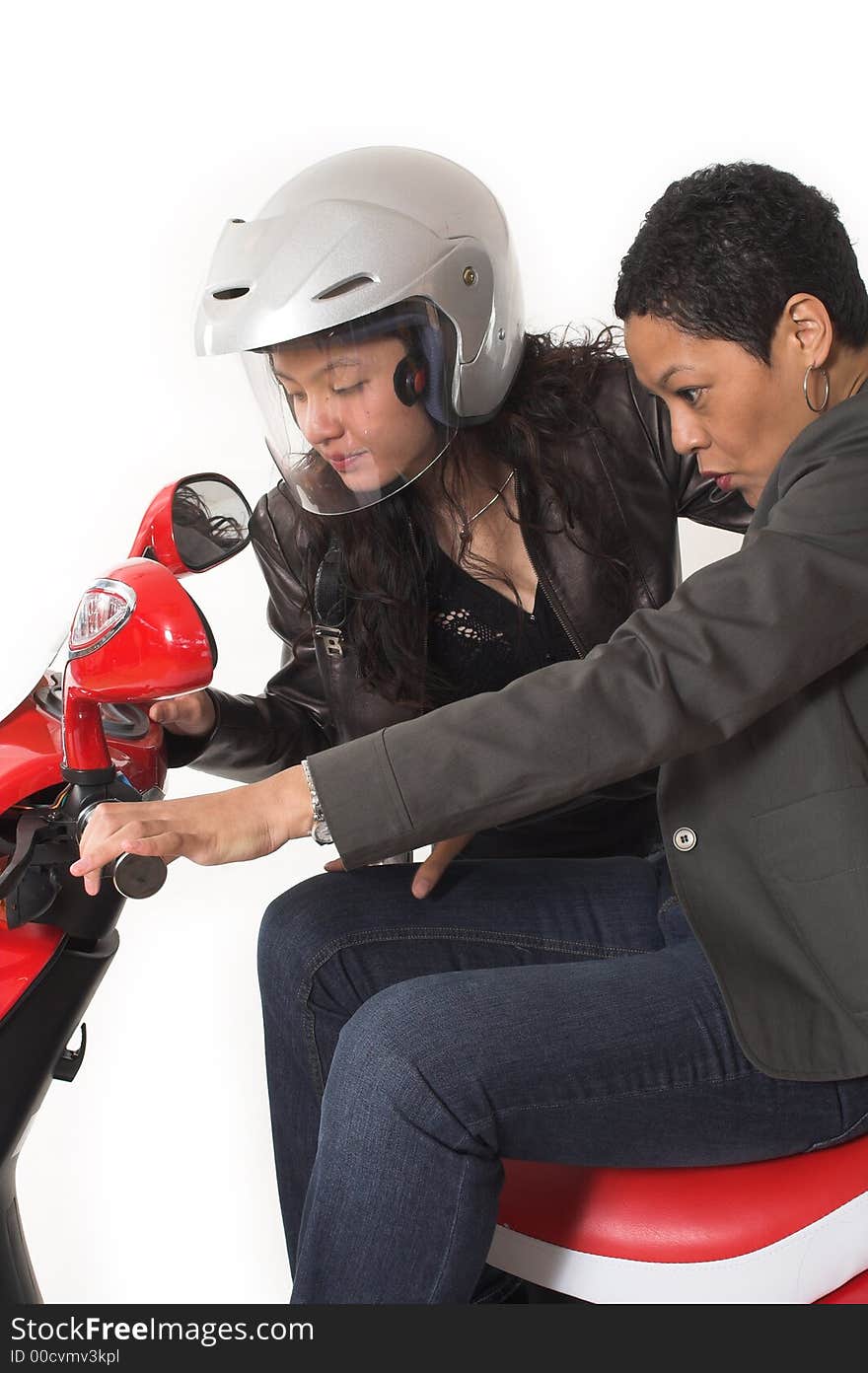 Couple girls talking on scooter over white background. Couple girls talking on scooter over white background