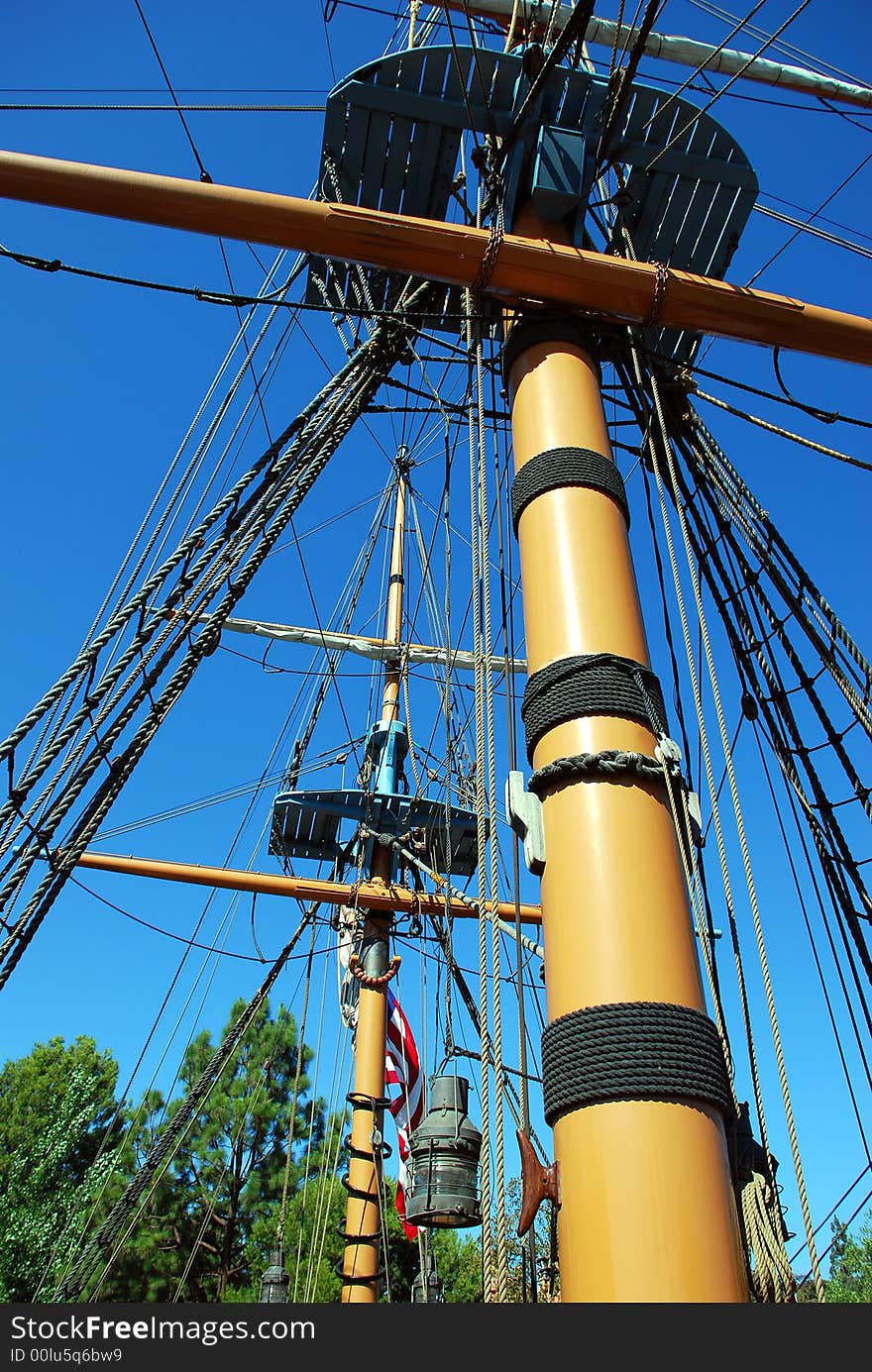 Ships mast looking up at the crows nest.