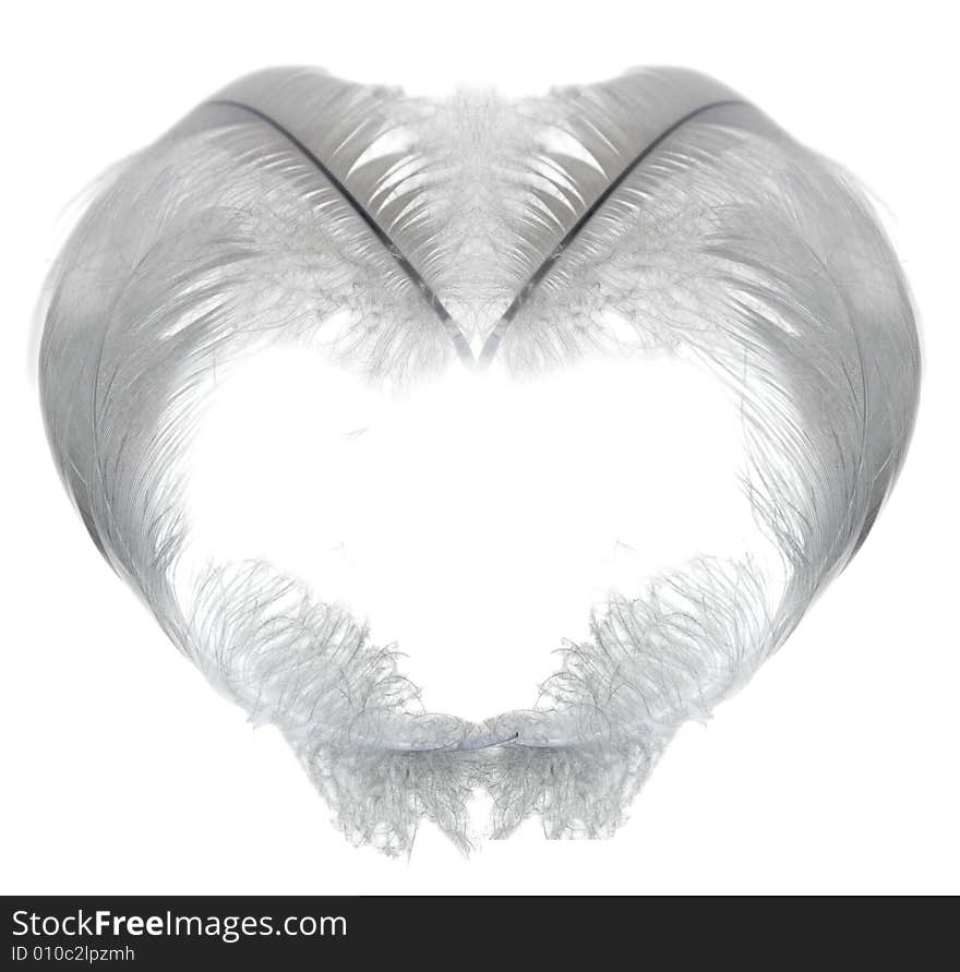 White feather heart isolated on white background