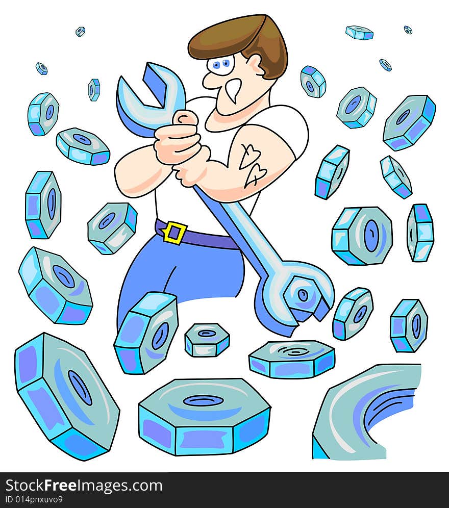 Illustration of worker circled with lots of bolts. Illustration of worker circled with lots of bolts