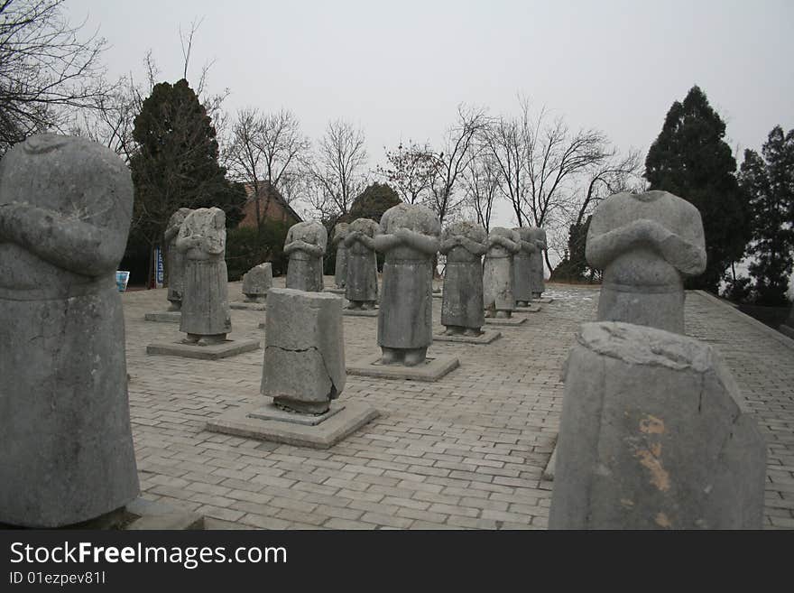 Stone figurines without head at Qian Tomb of Tang Empire