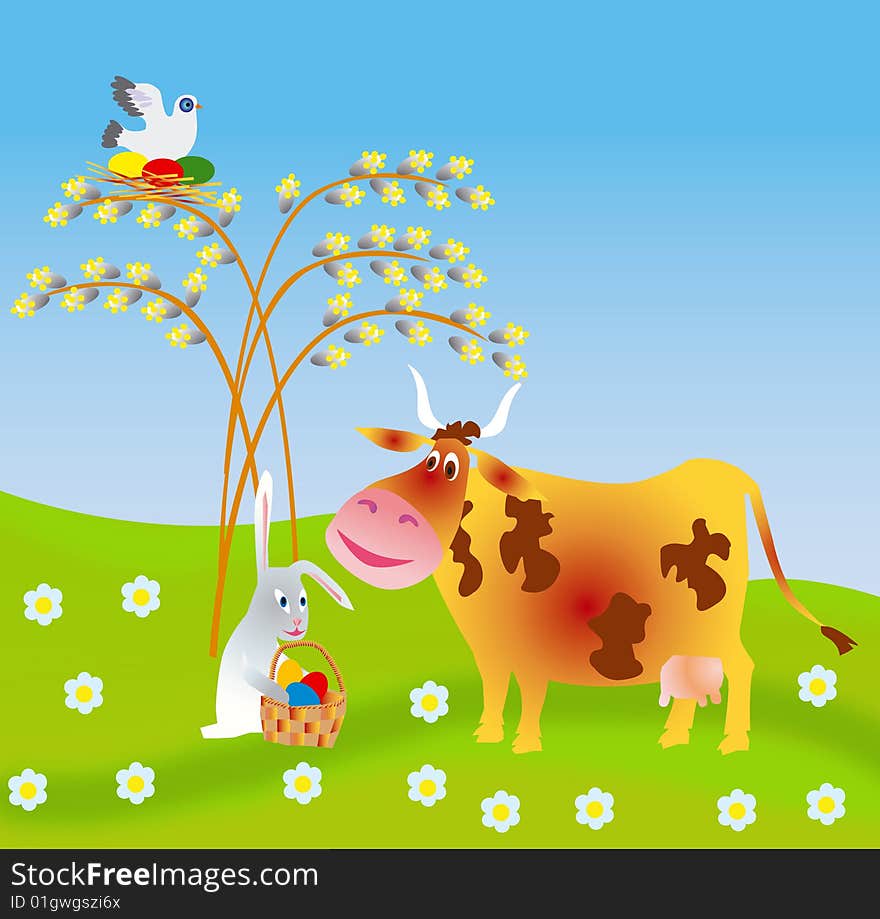 Easter reason with a cow and rabbit. Easter reason with a cow and rabbit