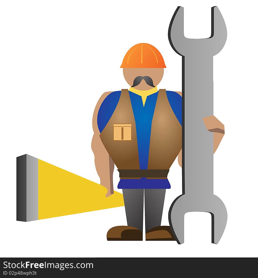 Vector shaped illustrated worker with tools, ruler and wrench key isolated on white background. Vector shaped illustrated worker with tools, ruler and wrench key isolated on white background