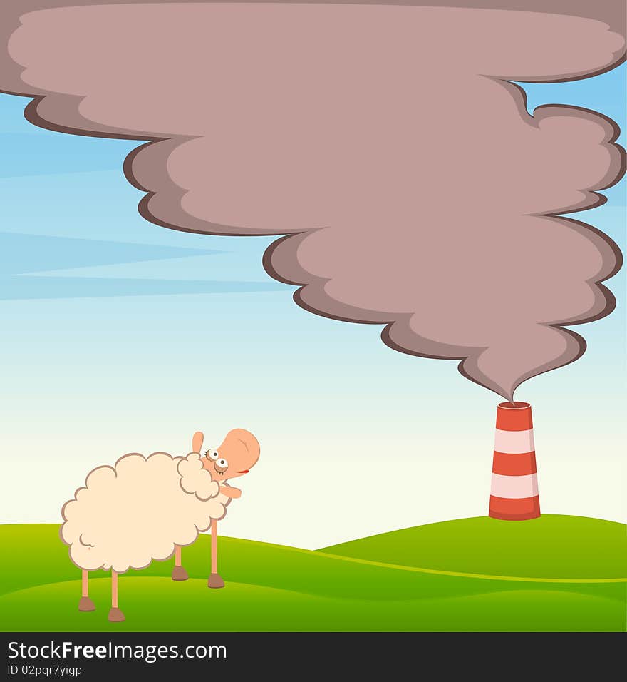 Sheep looks as a factory is contaminated by atmosphere by poisonous garbage