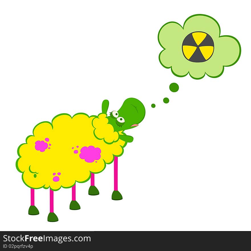 Cartoon sick sheep looks with poisonous spots on the wool