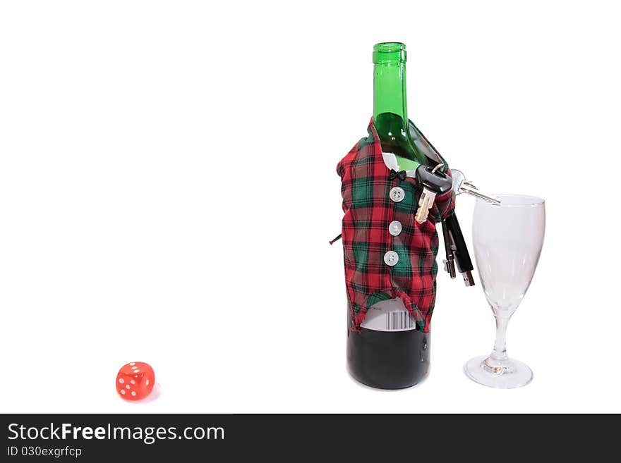 Bottle dressed in jacket warmer with keys as arms on white background depicting drunk driving and addictions can kill. Bottle dressed in jacket warmer with keys as arms on white background depicting drunk driving and addictions can kill