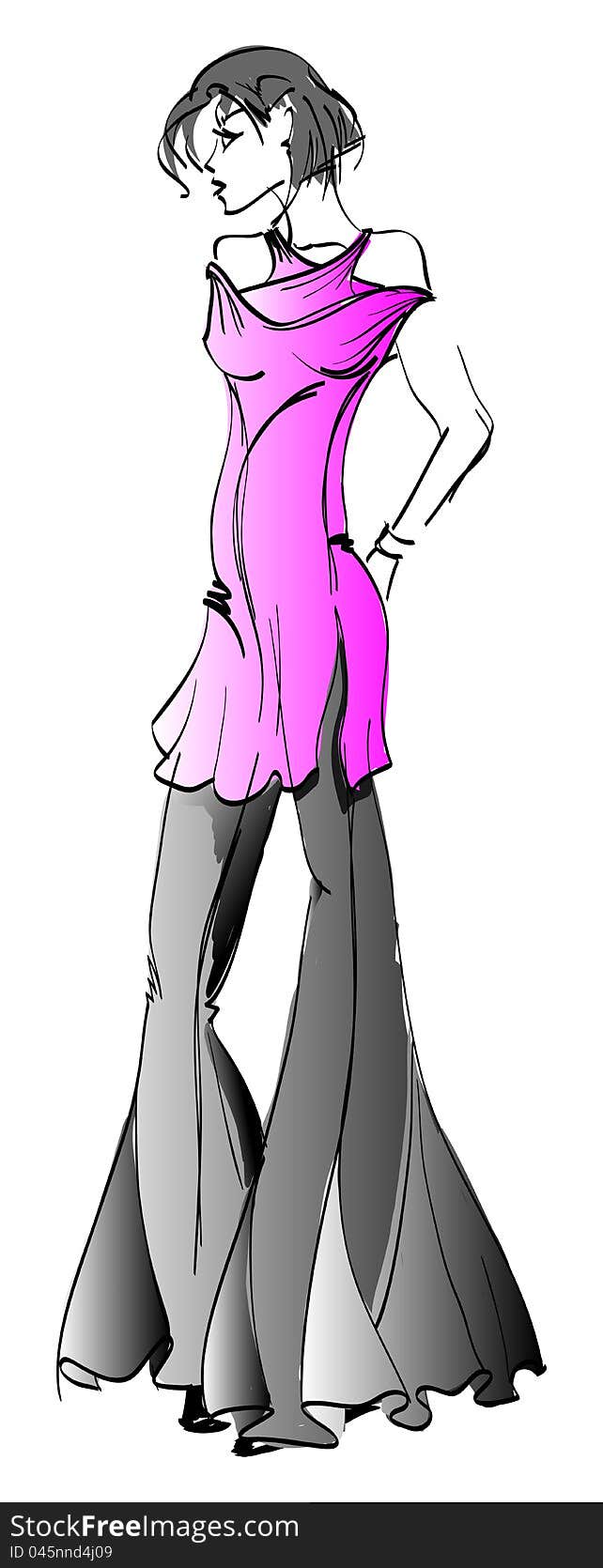 SKETCH. fashion girl. Hand-drawn fashion model. Vector illustration.