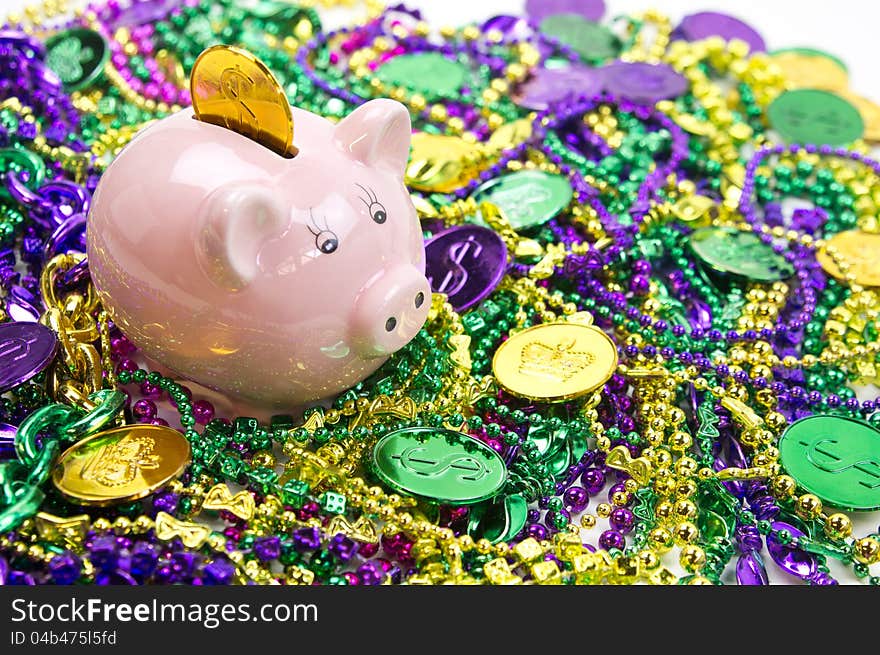 Piggy Bank with Mardi Gras Coins