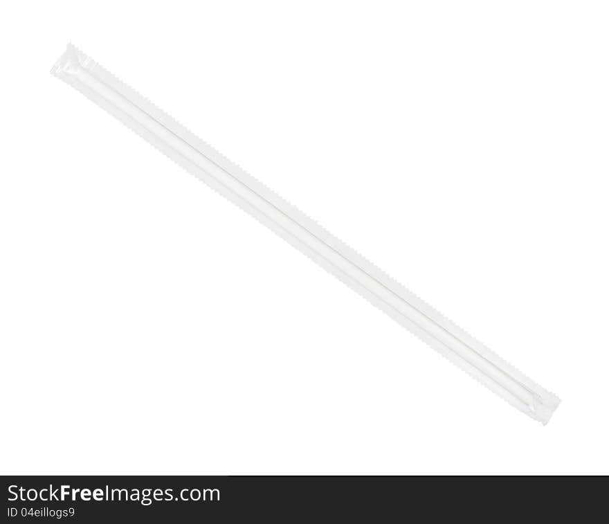 Clean drinking straw in plastic wrap isolated on white background