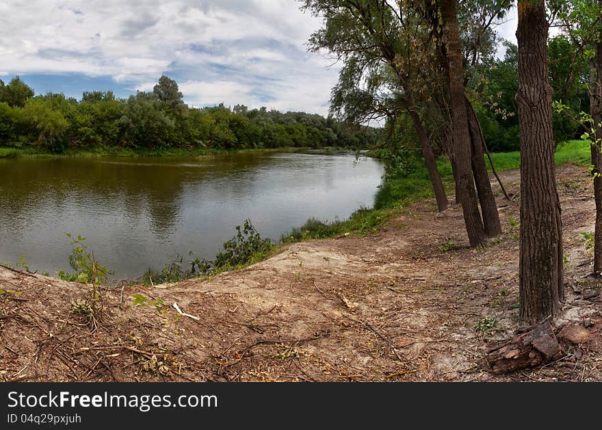 River in Russia. City Balashov. River Hopper. The view from the shore of the river. vertical panorama. cloudy. River in Russia. City Balashov. River Hopper. The view from the shore of the river. vertical panorama. cloudy.